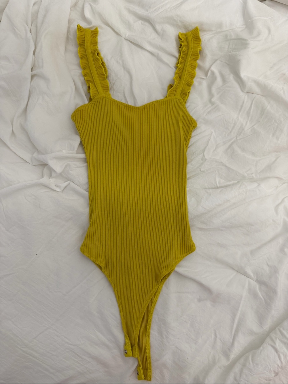 Ribbed Mustard Yellow Ruffle Strap Bodysuit